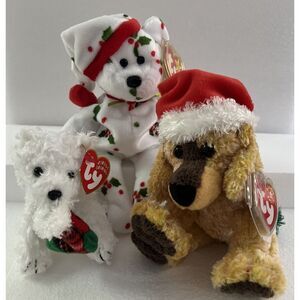 Ty Beanie Babies 1998 Holiday Teddy, 2001 Jinglepup, 2005 Jingles, Christmas Set